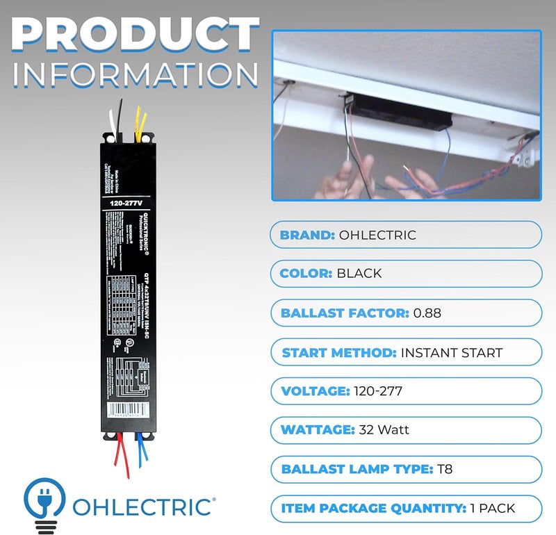 OHLECTRIC Replacement for Sylvania Ballast QTP4X32T8/UNV ISN-SC, Philips ICN-4P32-N, Keystone KTEB-432-UV-IS-N-P, for 4 Fluorescent T8 Lamps - 120-277V - 32 Watt - Image 2
